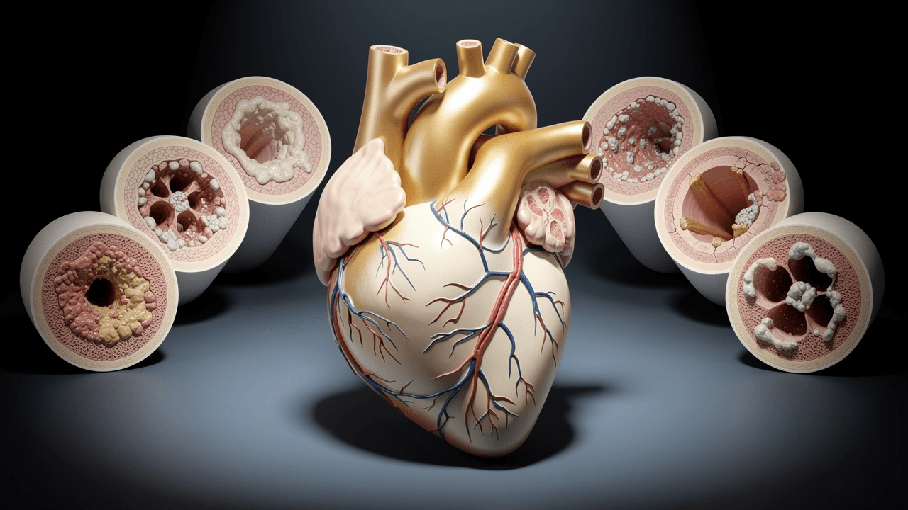 Anatomical heart model showing arterial cross-sections and plaque formation